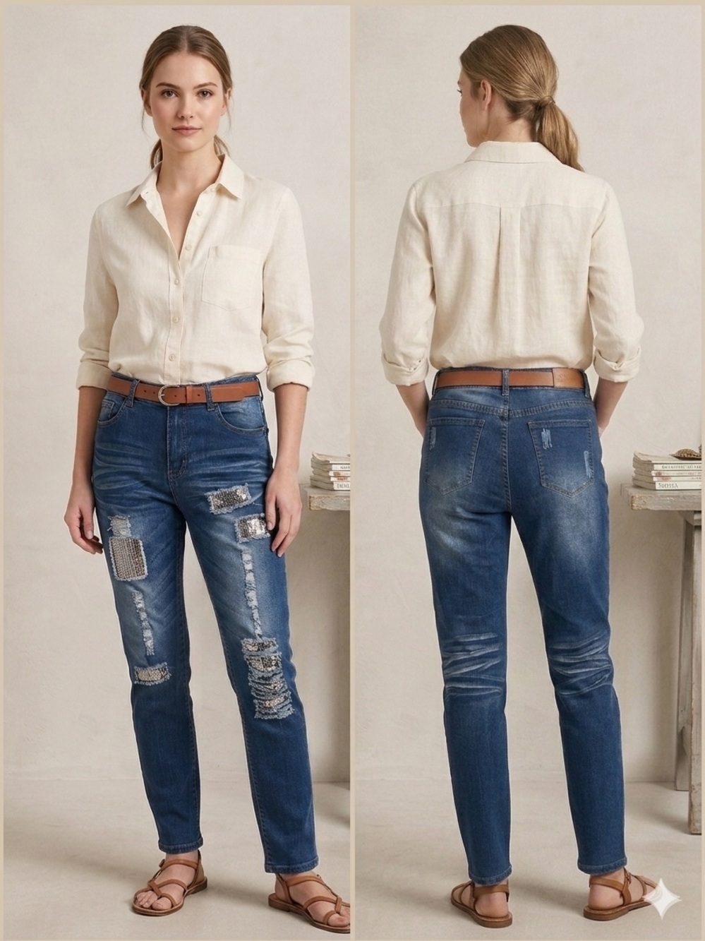 L&B Distressed Sequin Patch Jeans Blue Denim Size 14